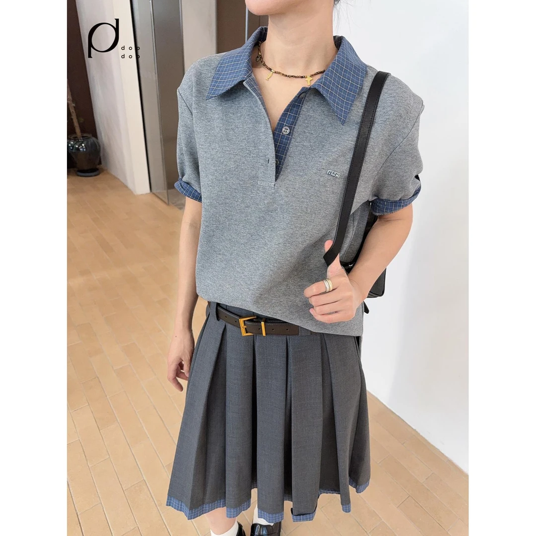 ANNENONO2025秋格纹拼接POLO短袖T恤女820dopdop买手店