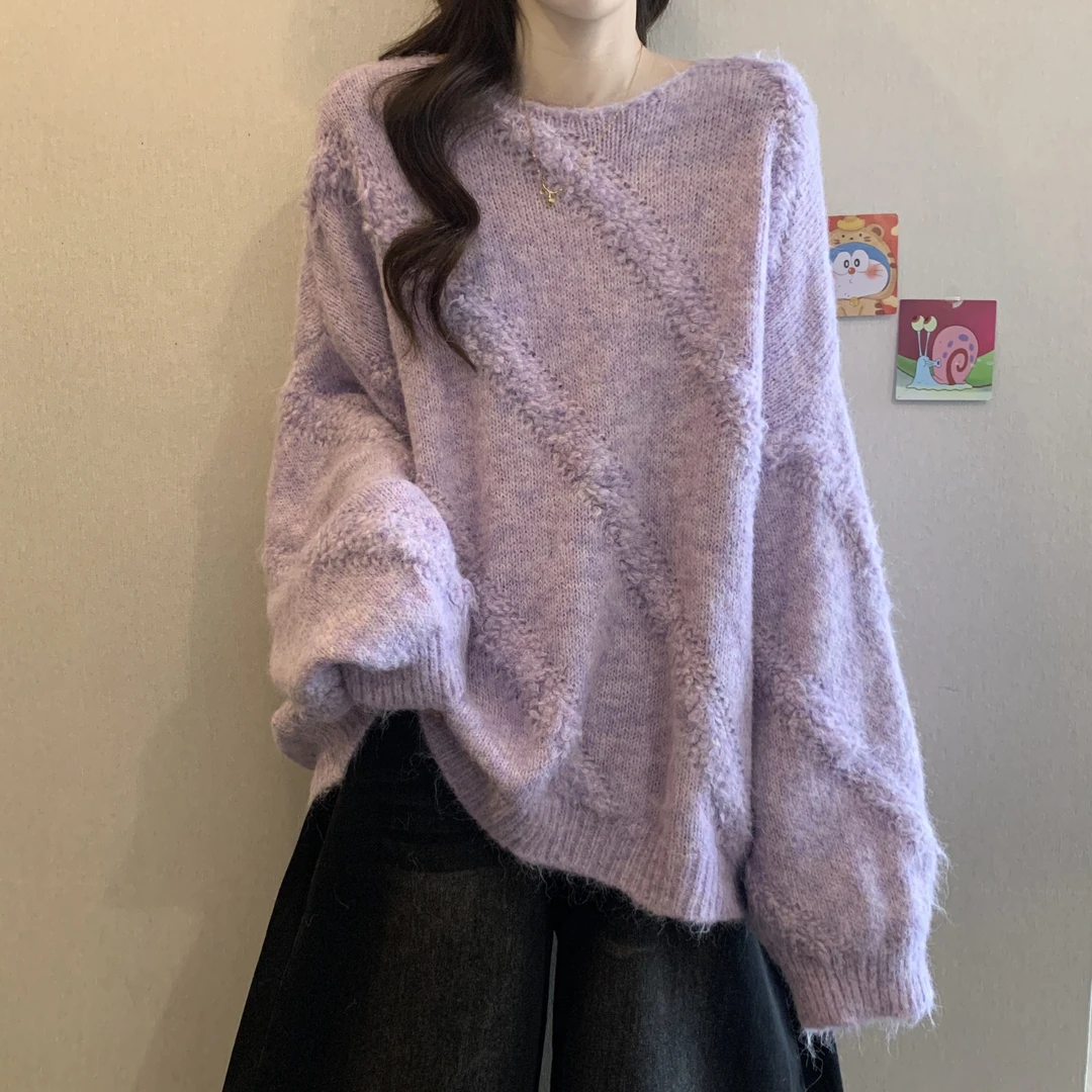 大码女装胖mm宽松慵懒紫色毛衣上衣秋季2025新款爆款遮肚毛针织衫