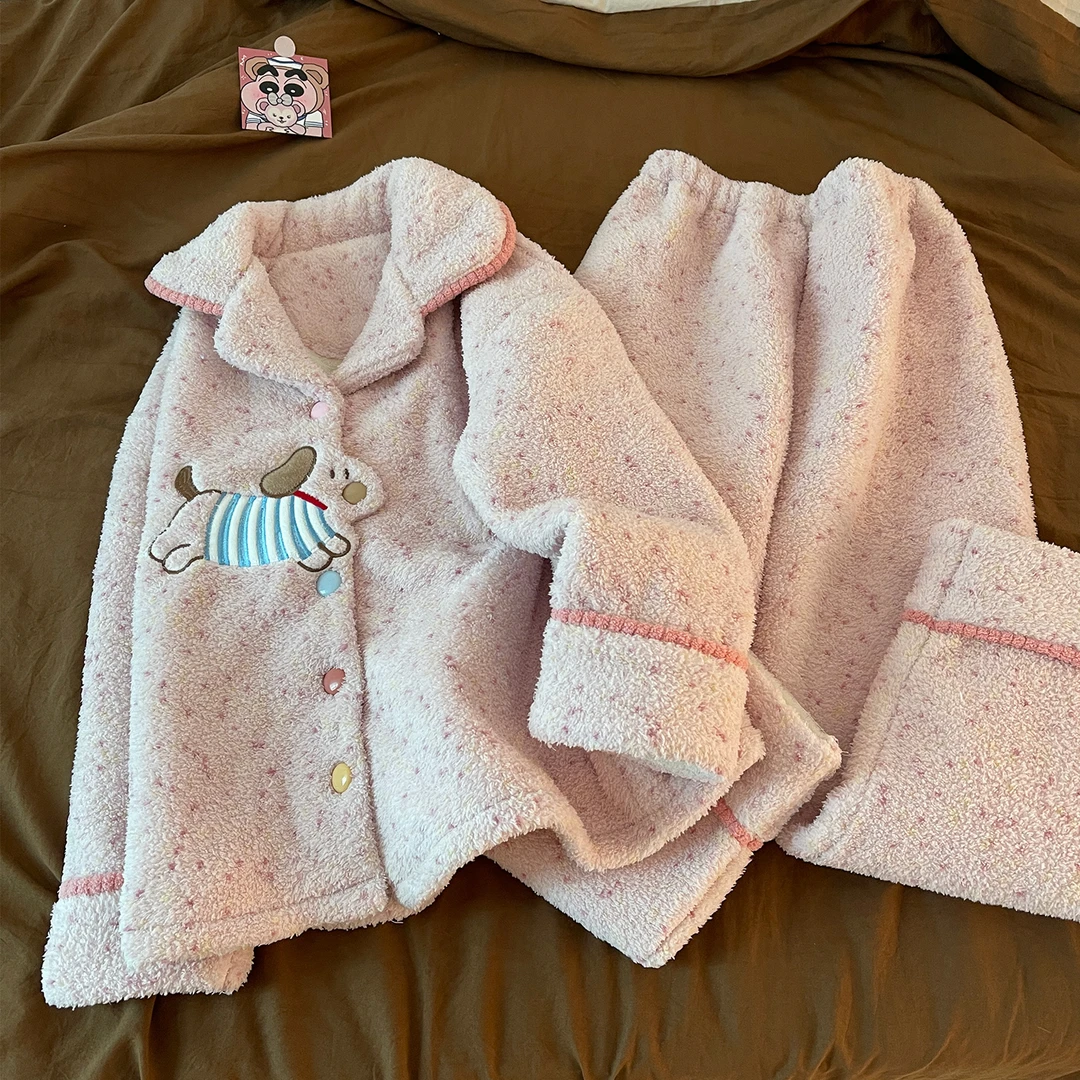 网红ins睡衣女新款冬季加绒加厚半边绒开衫粉色小狗珊瑚绒家居服