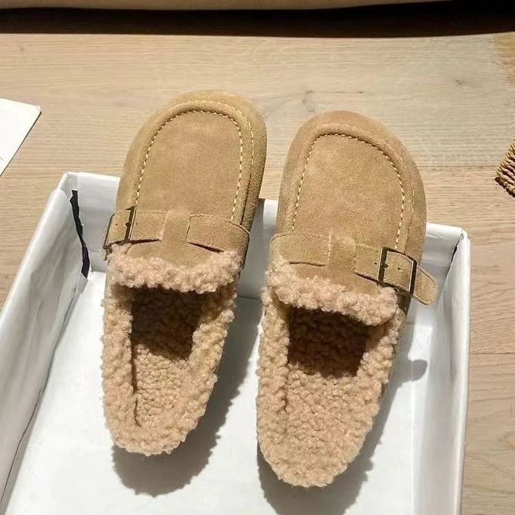 蜓断码码勃肯鞋女冬加绒外穿新款毛毛鞋一脚蹬大头孕妇软底豆豆鞋