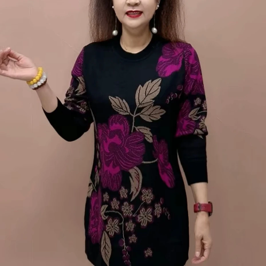 秋季时尚洋气潮流圆领中长款针织裙显瘦妈妈遮肉休闲宽松百搭毛衣