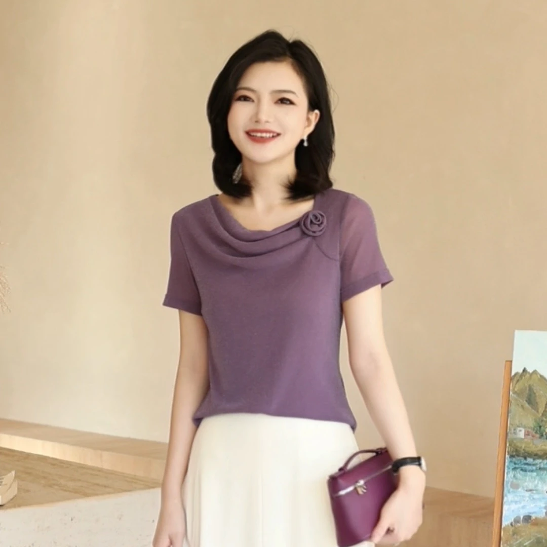 枫竺高端女装阿楠anan 气质荡领立体玫瑰花弹力短袖T恤女夏季新款