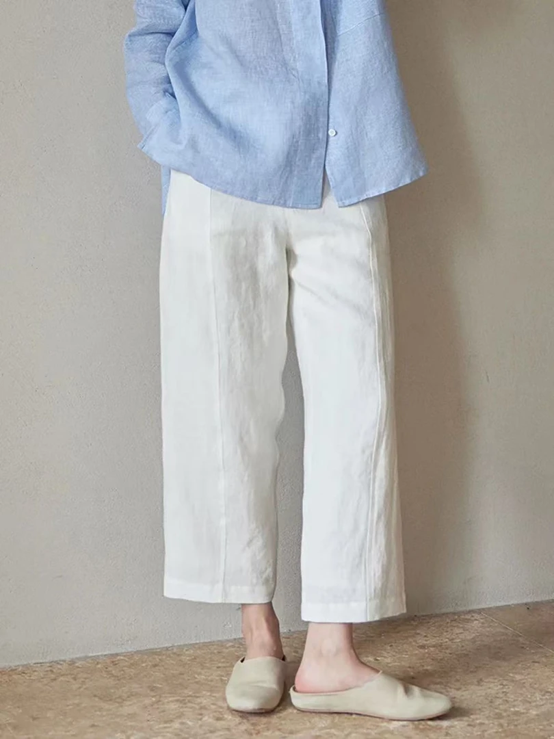 100亚麻 定制款~简约文艺风纯色隐形勾扣九分休闲裤H5133