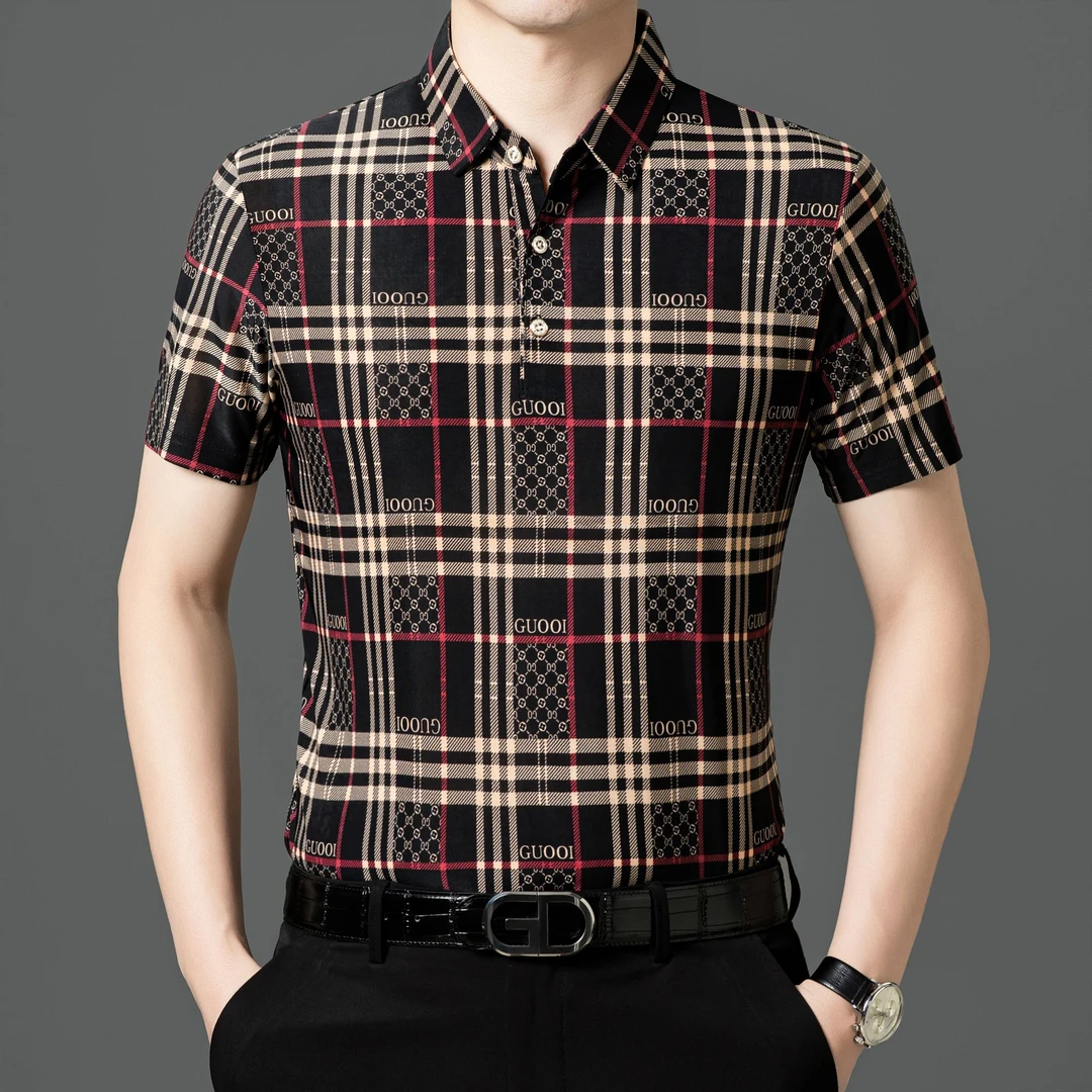 8011短袖polo衫男衬衣上衣夏季中年翻领时尚薄款无痕商务印花男