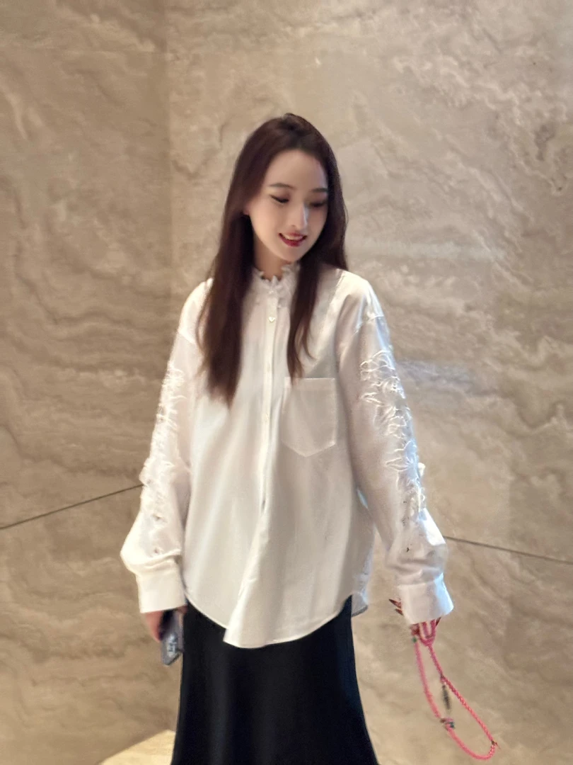 【金喜】领口花边白色慵懒衬衣