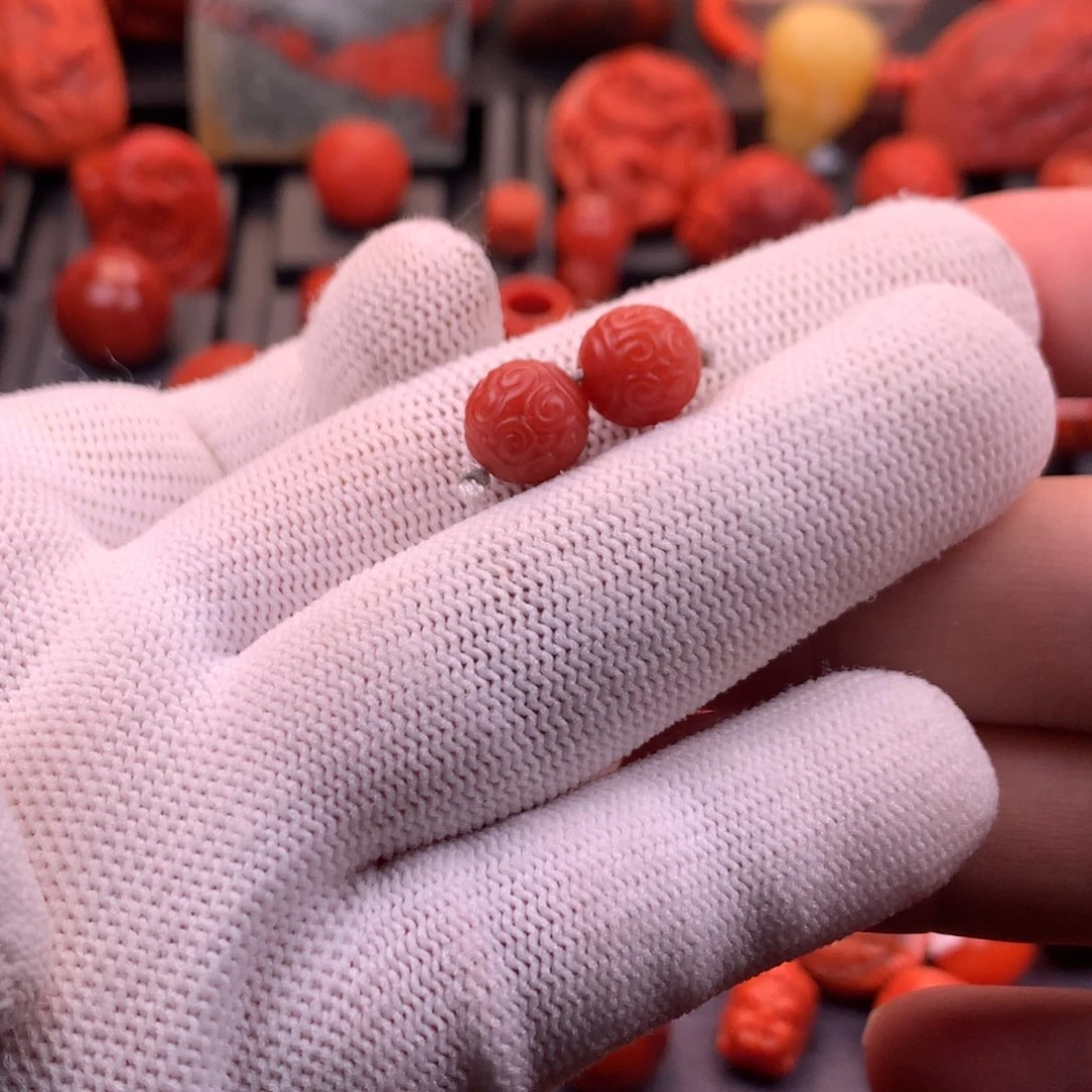 南红玛瑙未镶嵌精工雕刻五岔路辣椒红回纹枣珠对珠9.5mm