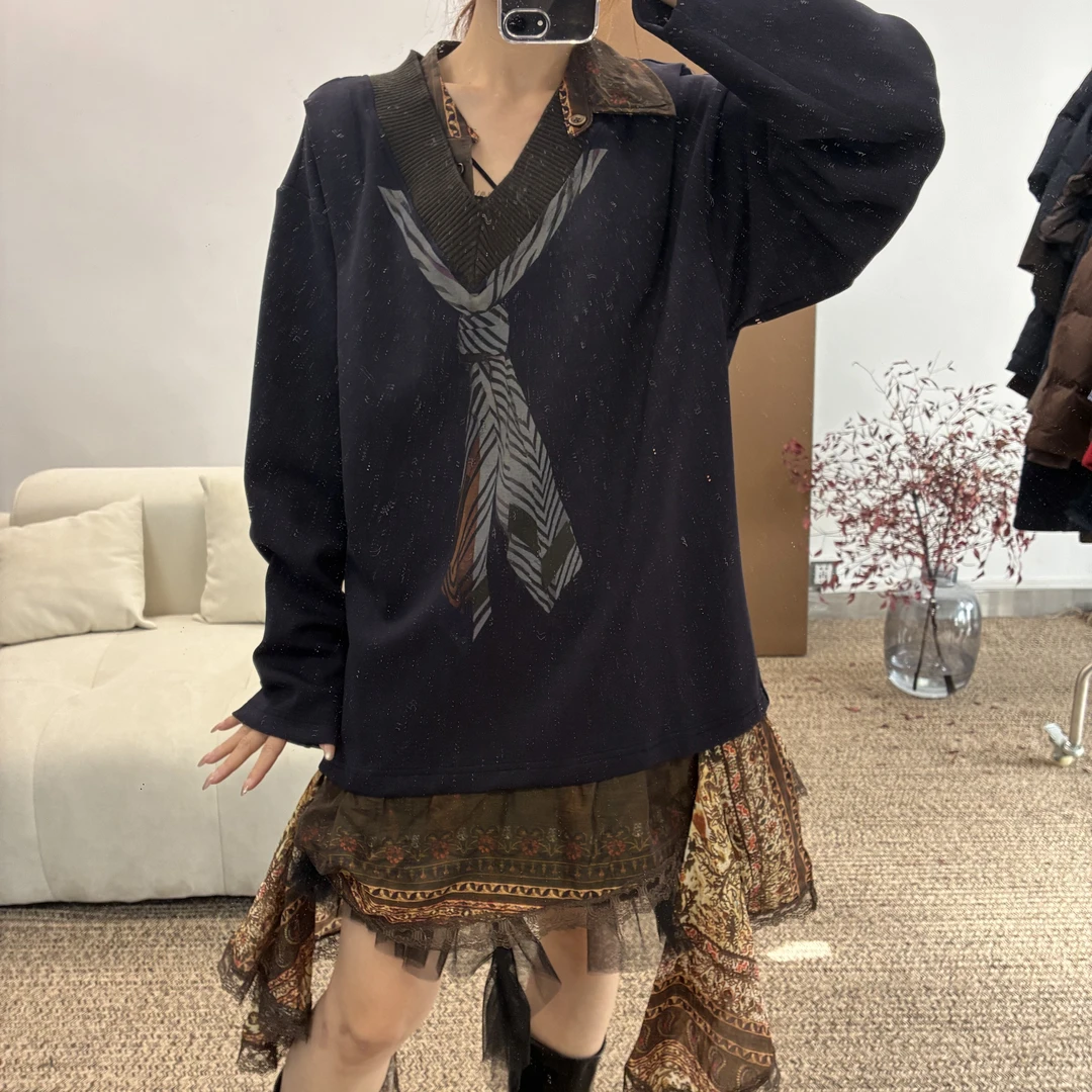 厚款V领时尚毛针织衫水洗休闲风长袖宽松卫衣4055