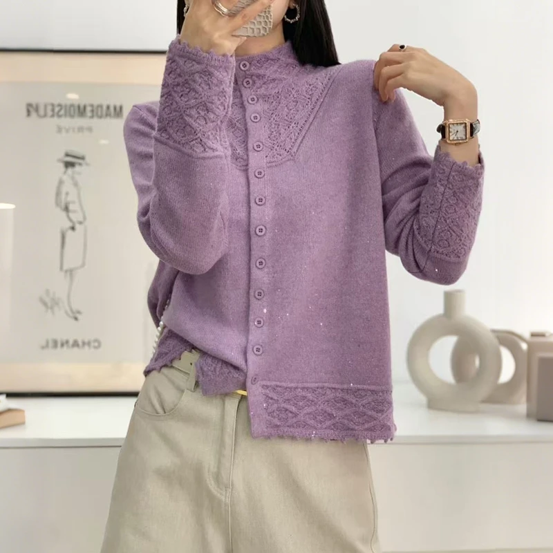 羊毛+蜜熊绒钩花领开衫羊毛衫蜜熊绒细闪亮片时尚毛衣百搭气质