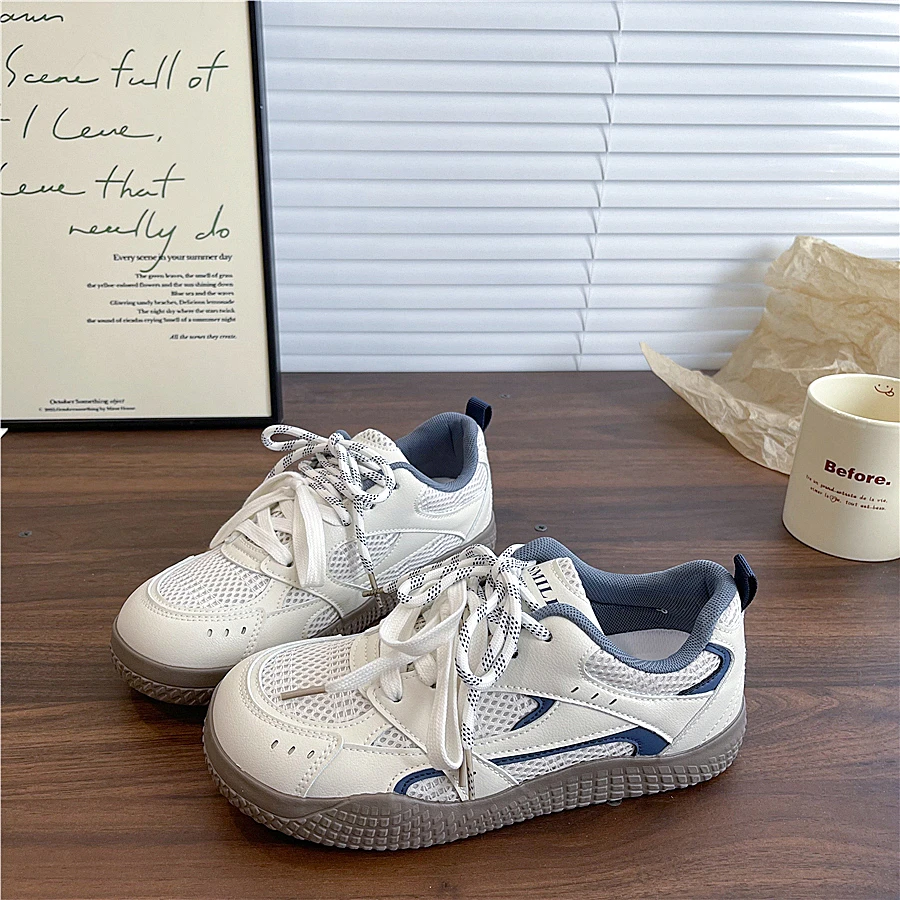 易少年 韩版2025秋季网面透气德训鞋百搭chic鞋子潮圆头丑萌板鞋