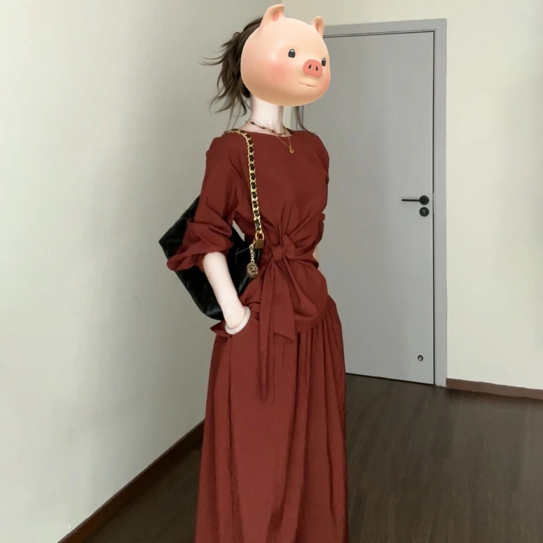 法式复古红色连衣裙子套装长裙女早秋季2026新款御姐风情万种穿搭