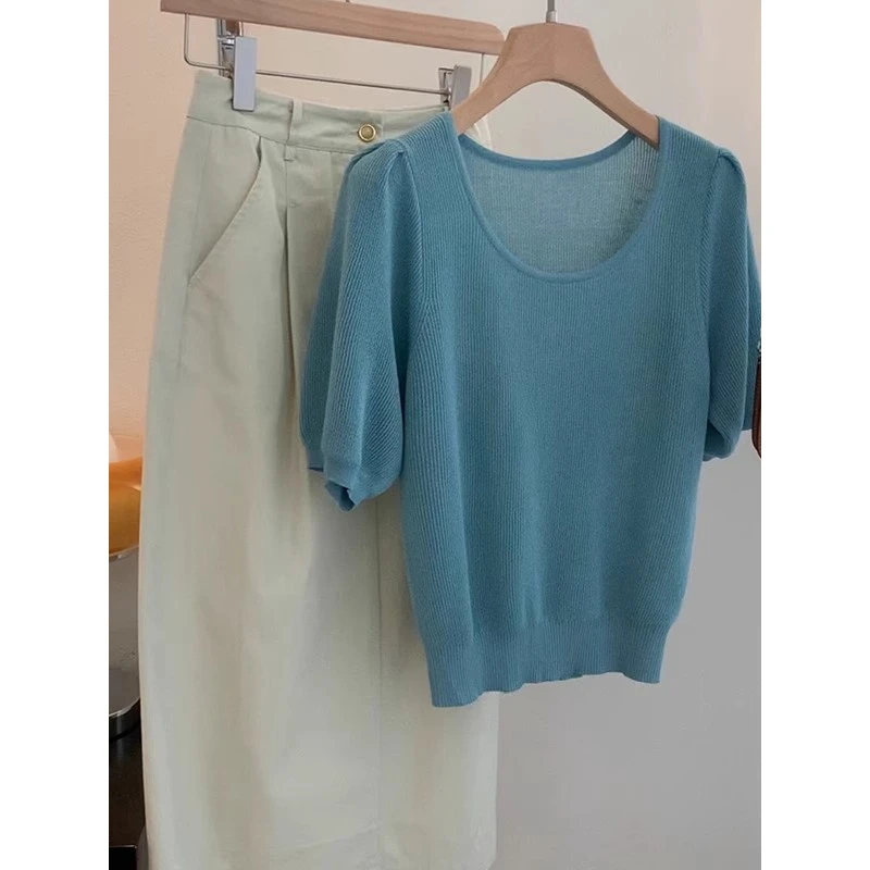 质感绝绝子！小众U领泡泡袖针织衫女2025夏季新款纯色百搭气质上衣