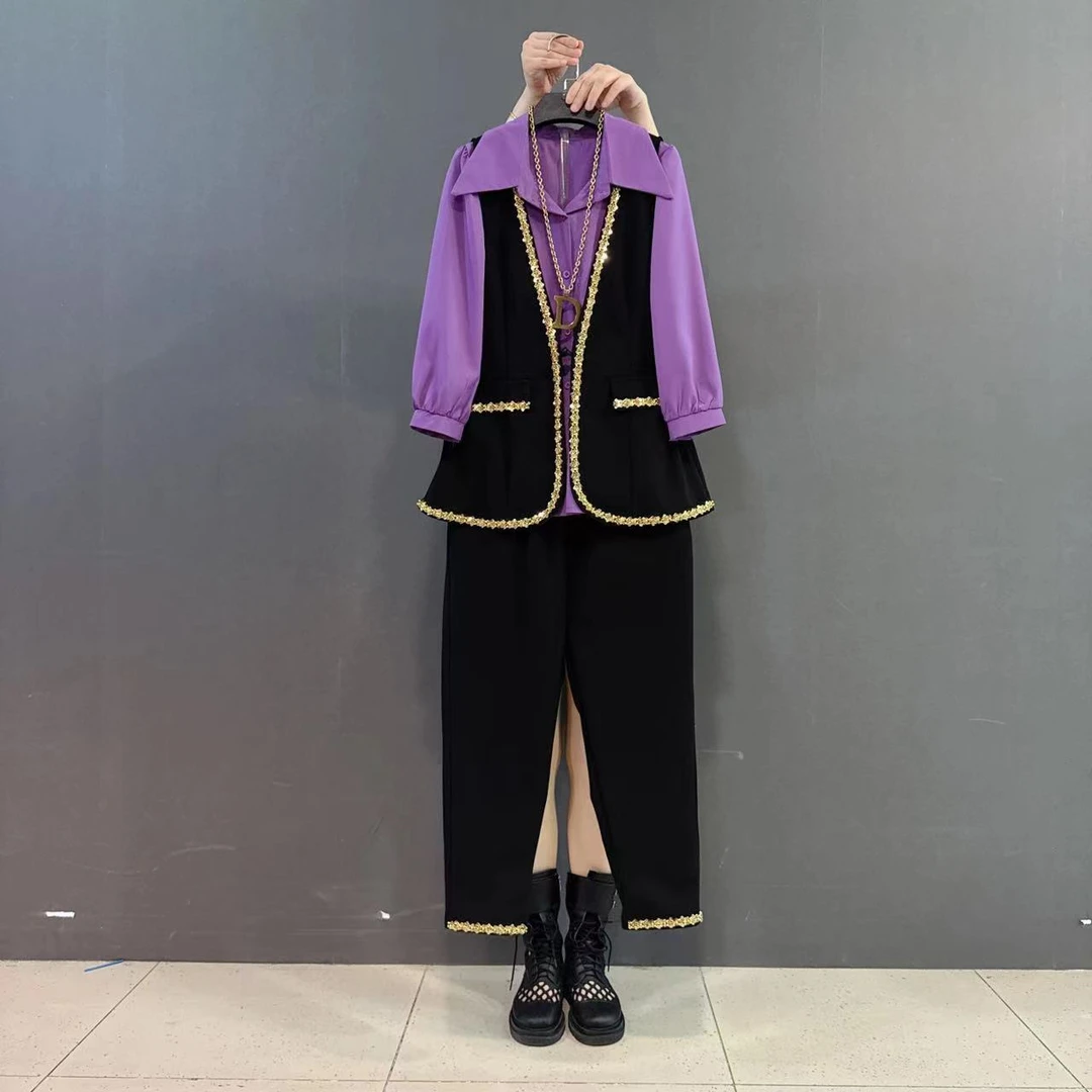 春秋新款大码小香风套装重工亮片马甲休闲裤衬衫气质三件套