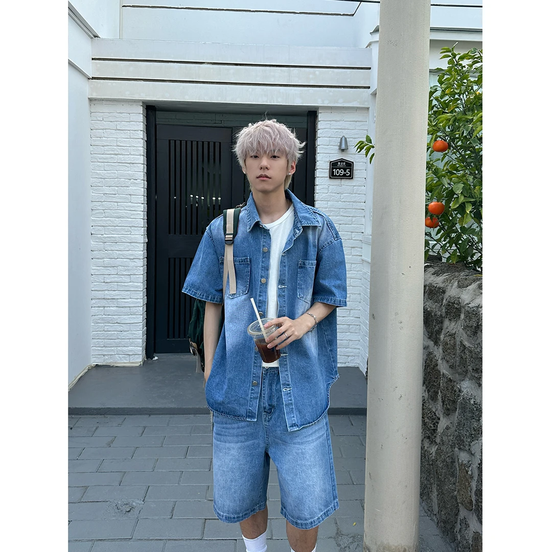 Faxims Store蓝色流行短袖牛仔外套直筒宽松休闲牛仔五分短裤套装