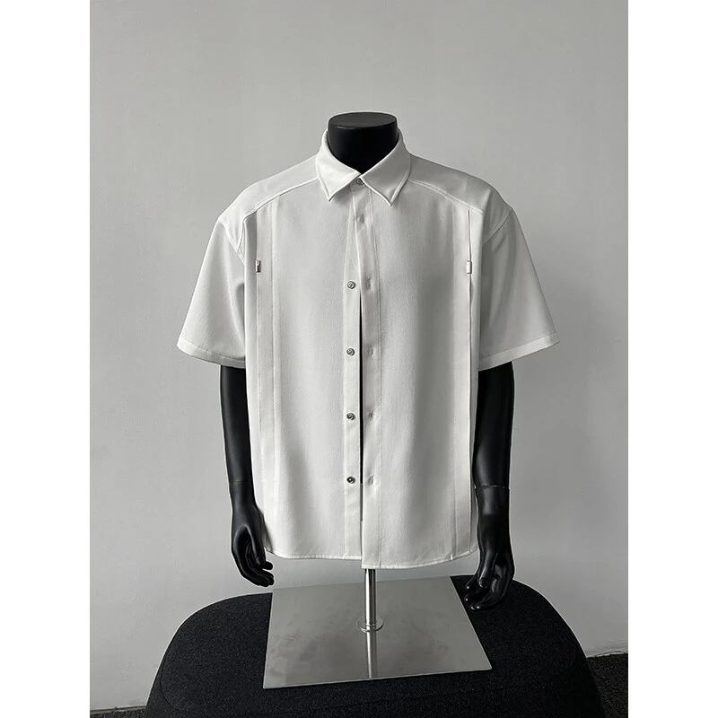 cleanfit白色解构系设计短袖衬衫男夏季美式潮牌叠穿衬衣休闲外套