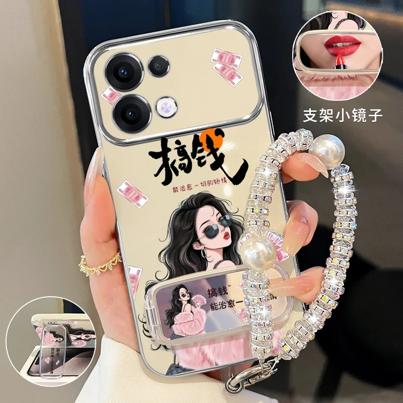 适用oppoReno9/pro搞钱小富婆手机壳补妆镜折叠支架防摔创意女款