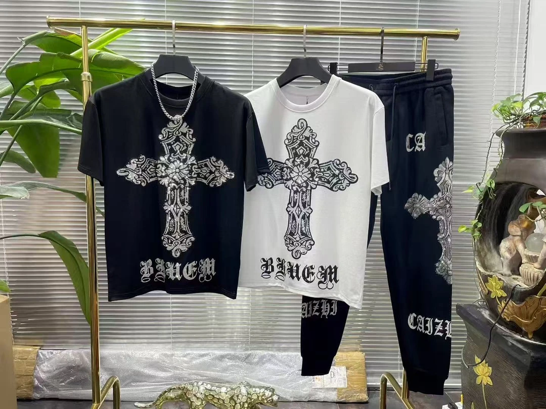 11995#-996潮牌烫钻黑白钻十字架重工袖T恤潮宽松韩版落肩半袖t恤