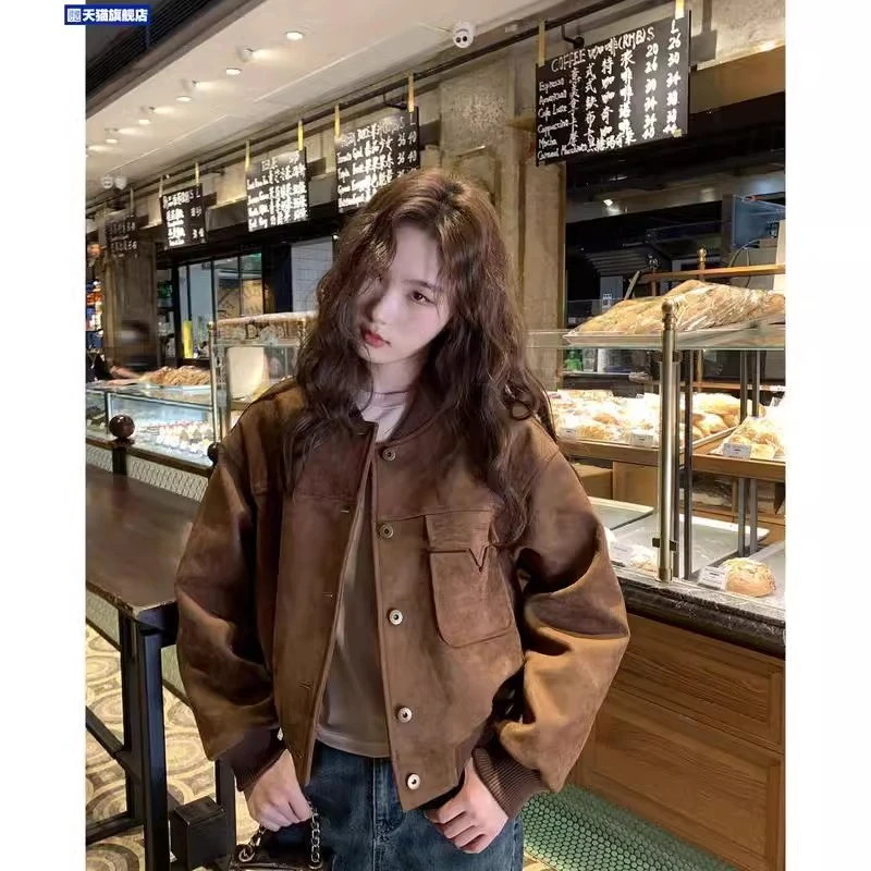 美式复古鹿皮绒棒球服外套夹克开衫春秋新款小个子短款机车服上衣