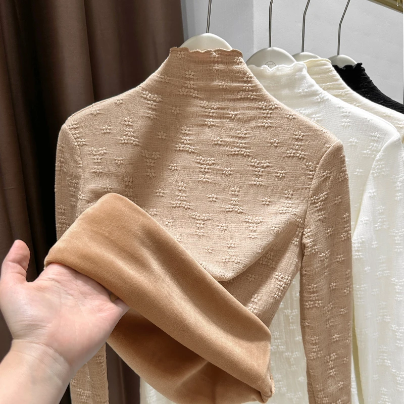 加绒加厚半高领蕾丝打底衫女2025秋冬卡其色洋气内搭网纱长袖上衣