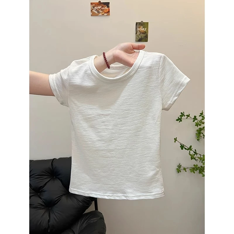 芯娇晴正肩短袖T恤女夏季2025新款休闲体恤修身显瘦百搭短款上衣