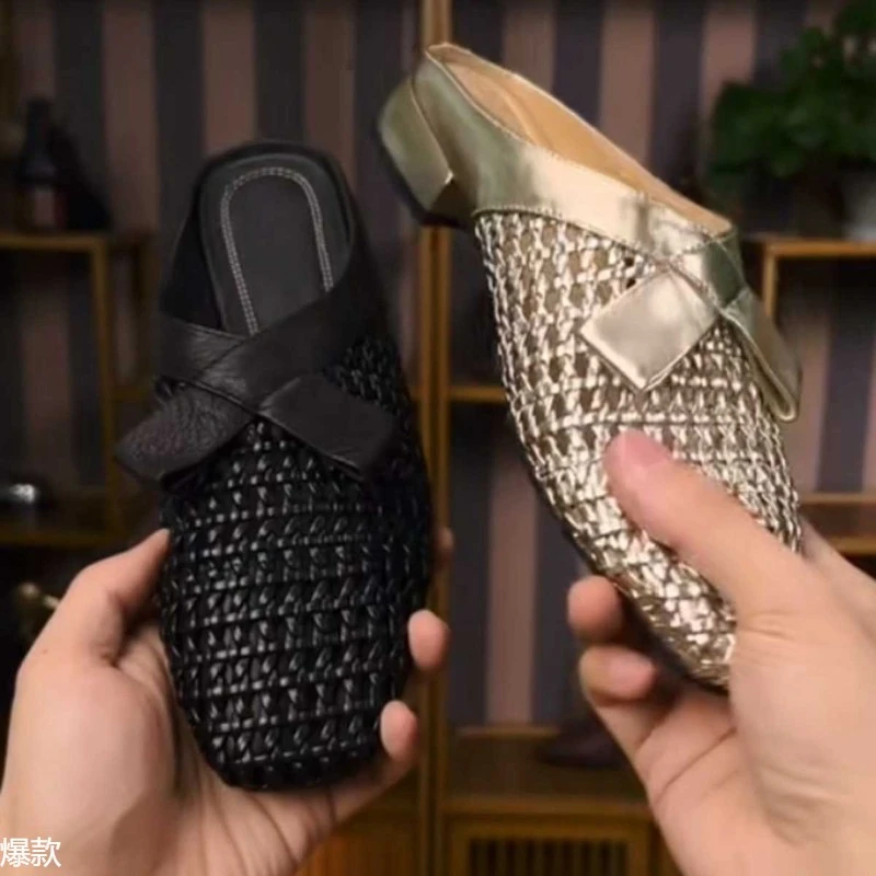 轻奢鞋子编织镂空蝴蝶结包头拖鞋女外穿2025年夏季新款中跟穆勒鞋