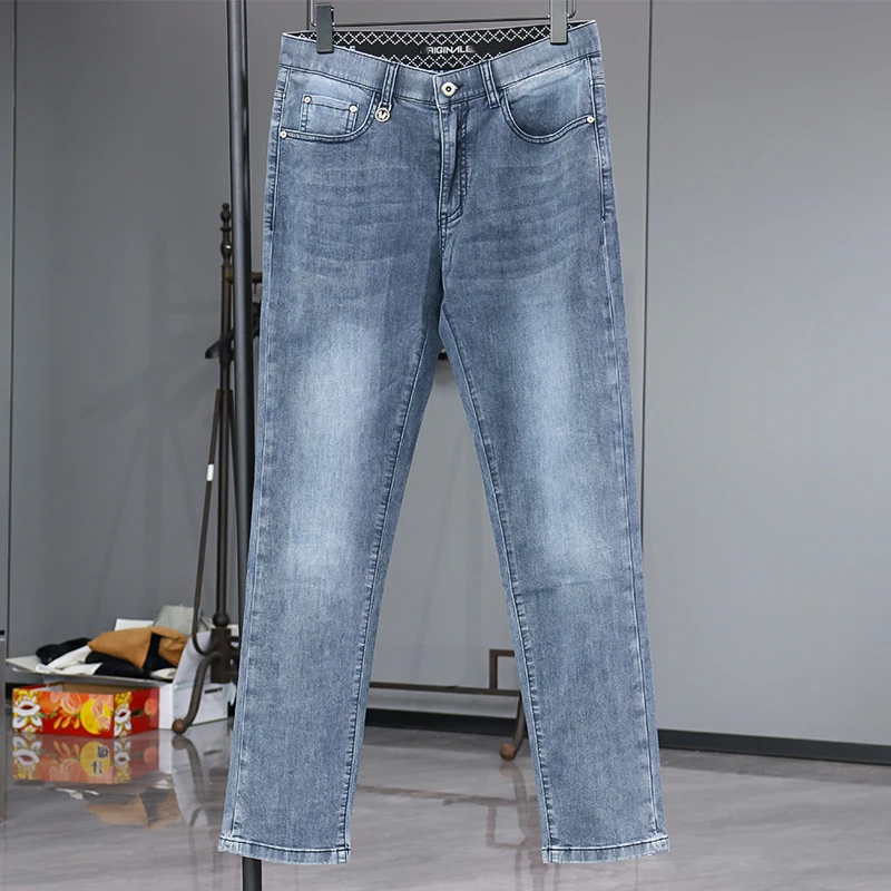 质感出众! 春秋时尚新品尾货简约潮流男士百搭弹力蓝色牛仔裤5N38