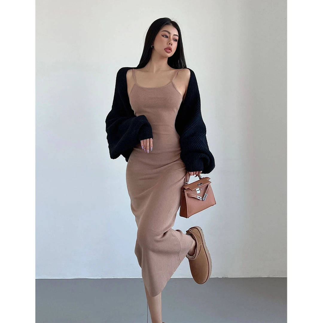 liviahome 温柔甜妹6色针织吊带裙女性感修身包臀连衣裙内搭显瘦