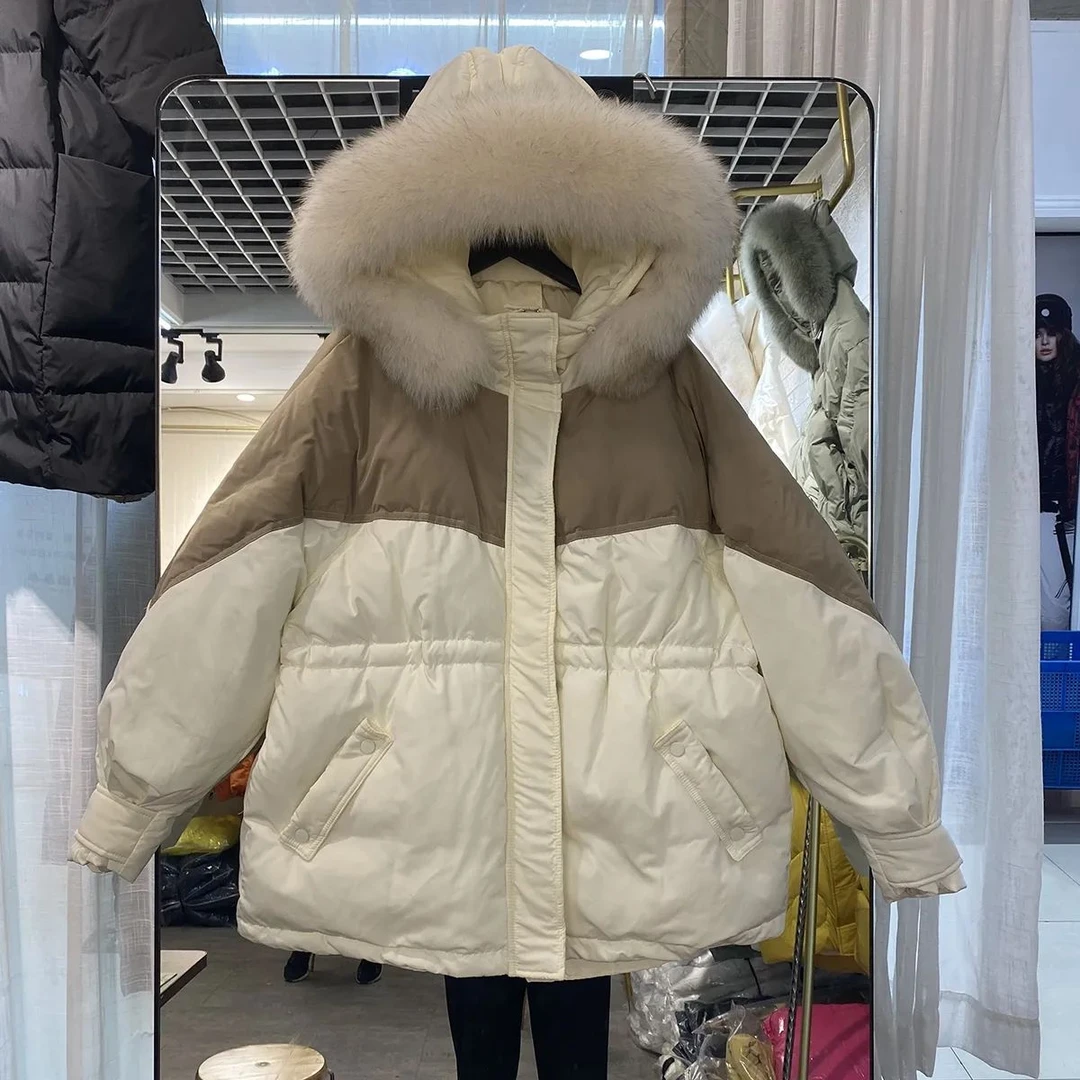 【现货速发】冬季棉服2025新款收腰显瘦减龄洋气中长款拼色连帽外套
