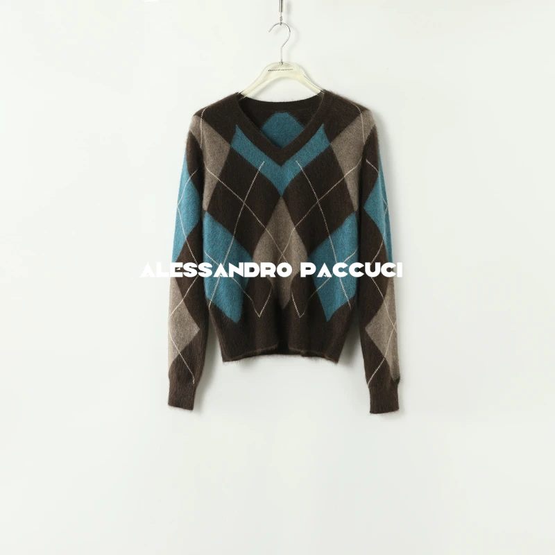 【孤品特价不退换】洛哥34010ST【卓玛】牦牛绒 V领菱格搭针织套头衫
