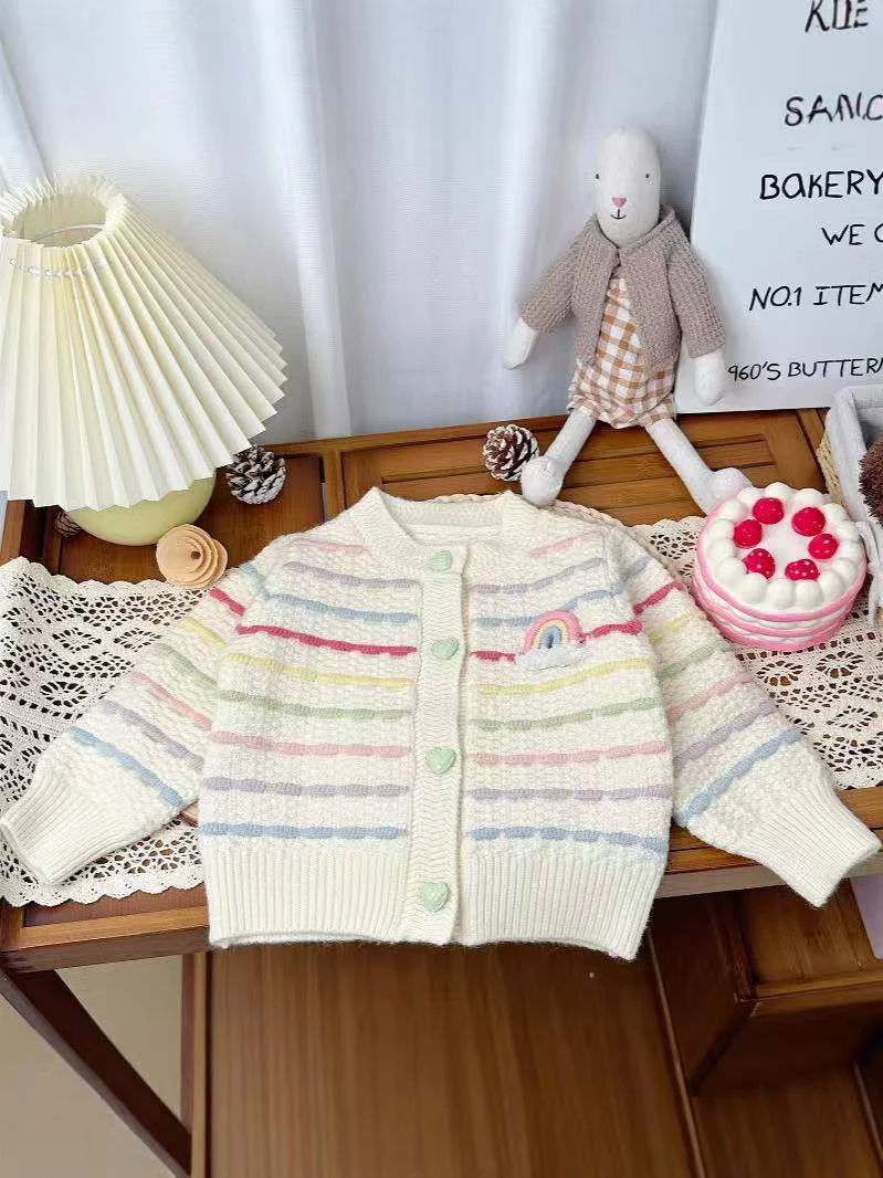 儿童针织毛衣开衫彩虹条纹女宝百搭原创设计甜美可爱风