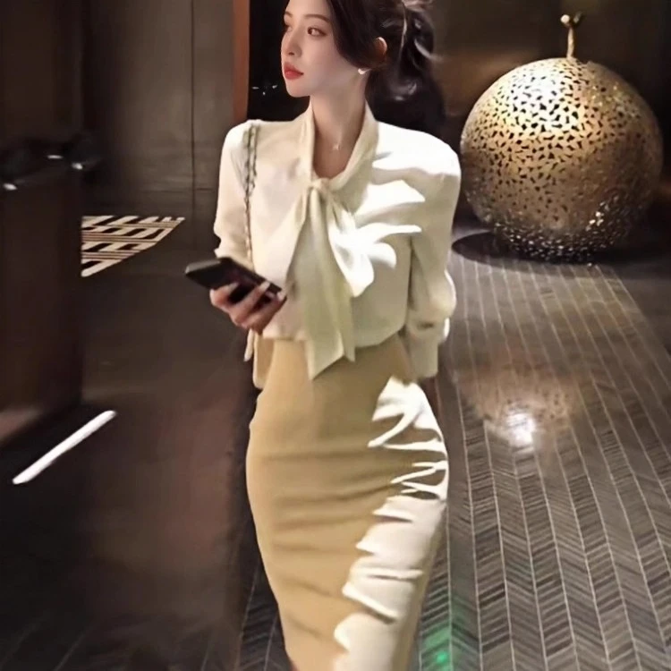 系带领薄款长袖衬衫+包臀半身裙2025夏季新款轻职风金秘书穿搭女