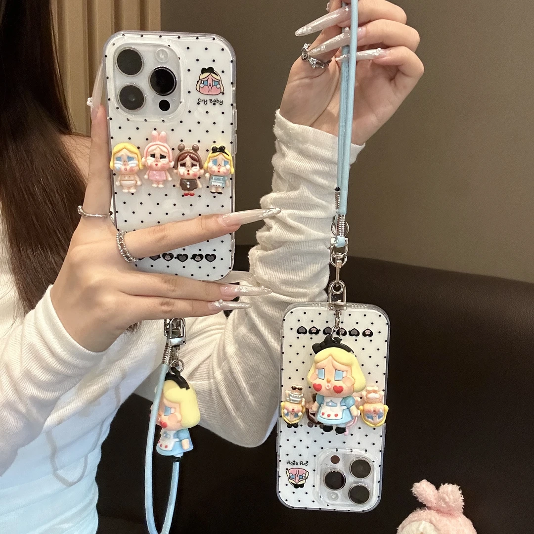 韩系波点立体哭娃适用苹果16/15挂绳手机壳华为P70vivo小米14oppo