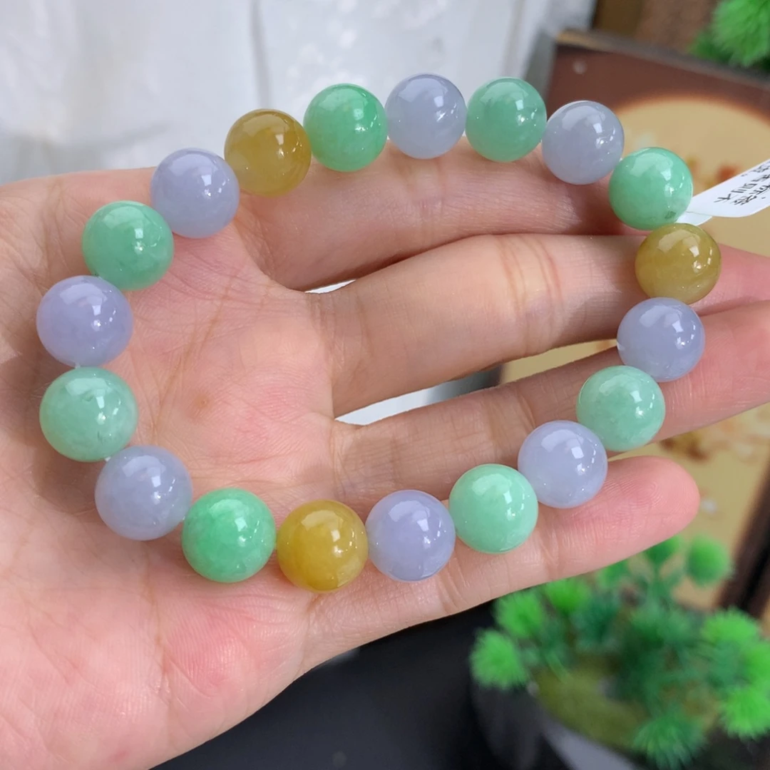 翡翠未镶嵌手串卡10细润紫绿花手串