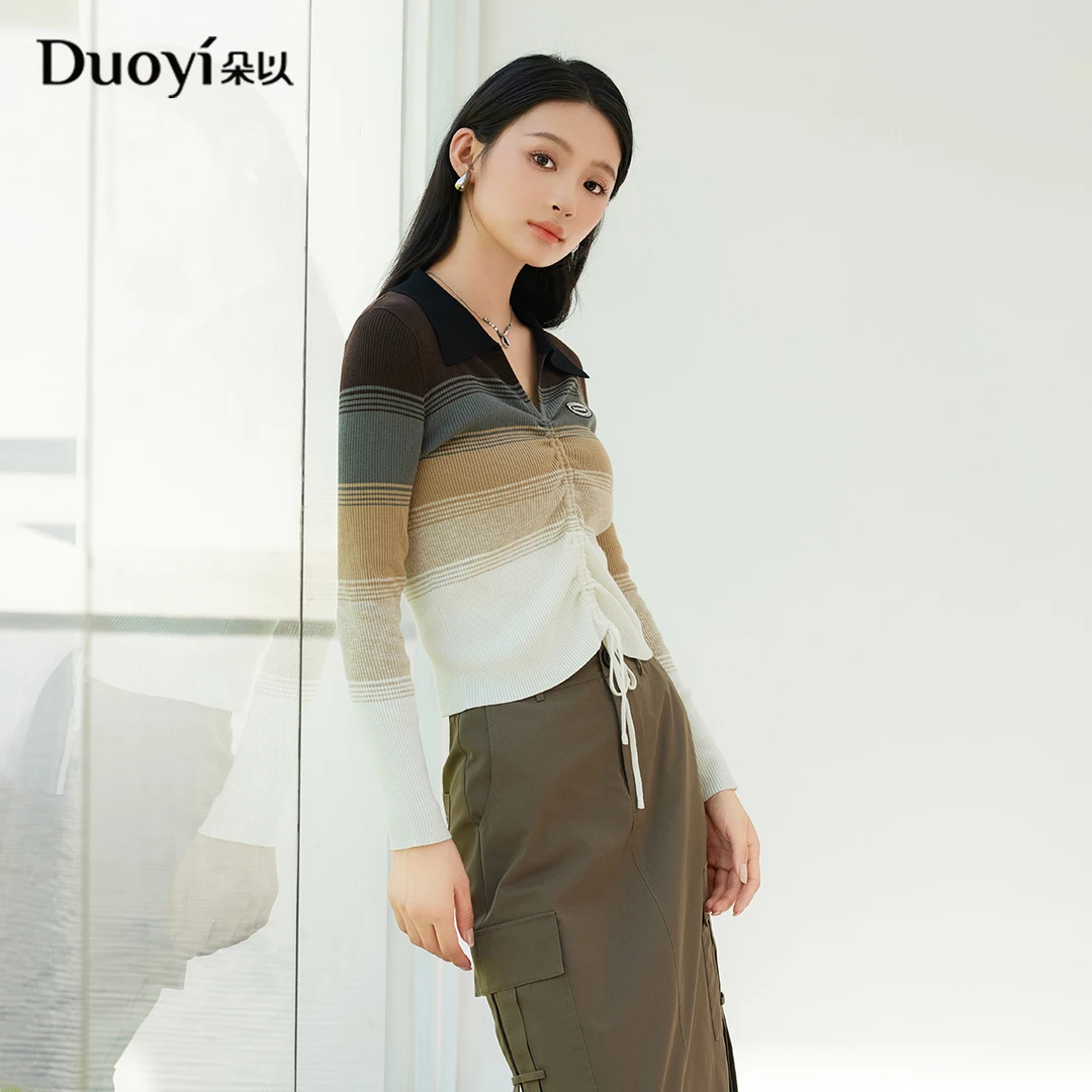 朵以2025春季新款减龄时尚条纹V领抽褶系带套头毛织女39DC531136