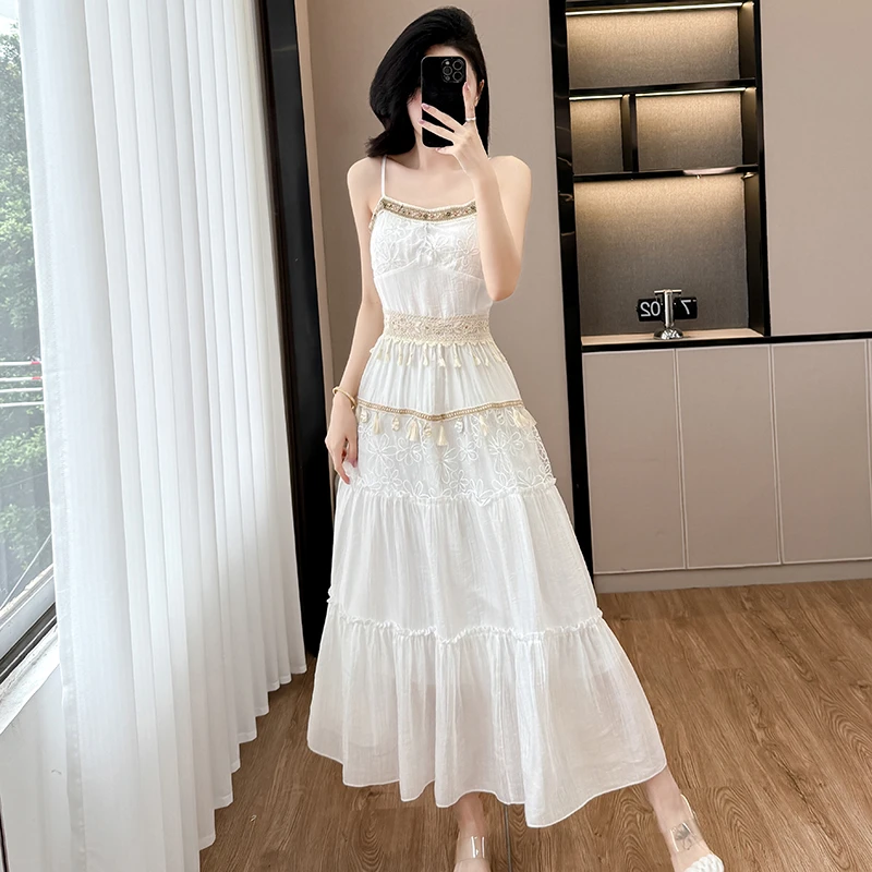 法式时尚度假吊带裙子套装夏女装民族风甜美设计感披肩长裙两件套