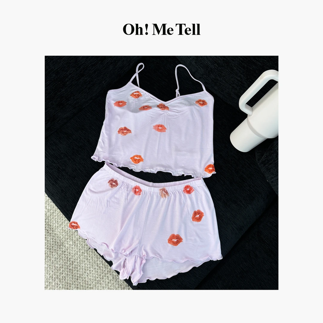 Oh！Me Tell【ROSE朴彩英同款】情人节唇印粉色吊带+短裤家居服套装