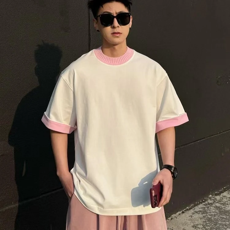 2025新款春秋撞色T恤男美式潮流百搭宽松青春宽松休闲圆领短袖T恤
