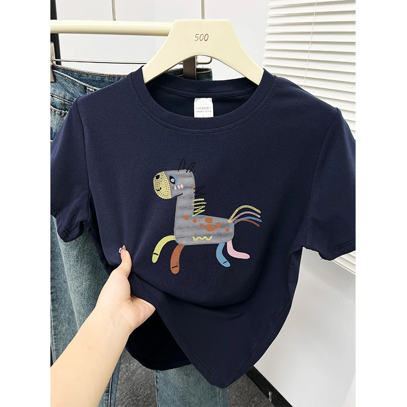 韩版简约设计感印花正肩短袖t恤女夏季新款大码休闲百搭圆领上衣