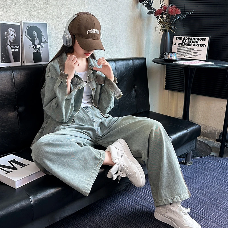 女大童休闲牛仔外套韩版初中生女孩超好款套装宽松时尚直筒牛仔裤