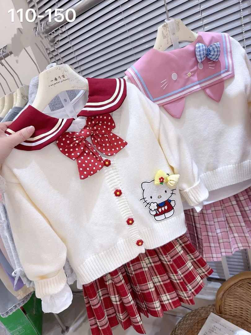 女童学院风三件套衬衣毛衣外套百褶裙套装可爱甜美时尚小可爱猫猫