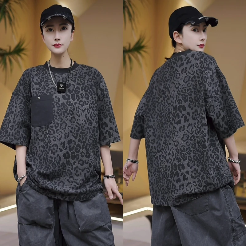 3137【320克重磨毛洗水重工定织定染】豹纹圆领短袖T恤 w277-5051