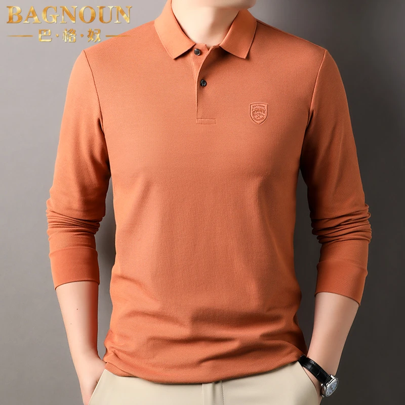 巴格奴Polo衫男士春秋新款时尚高端纯棉翻领刺绣中年爸爸长袖上衣