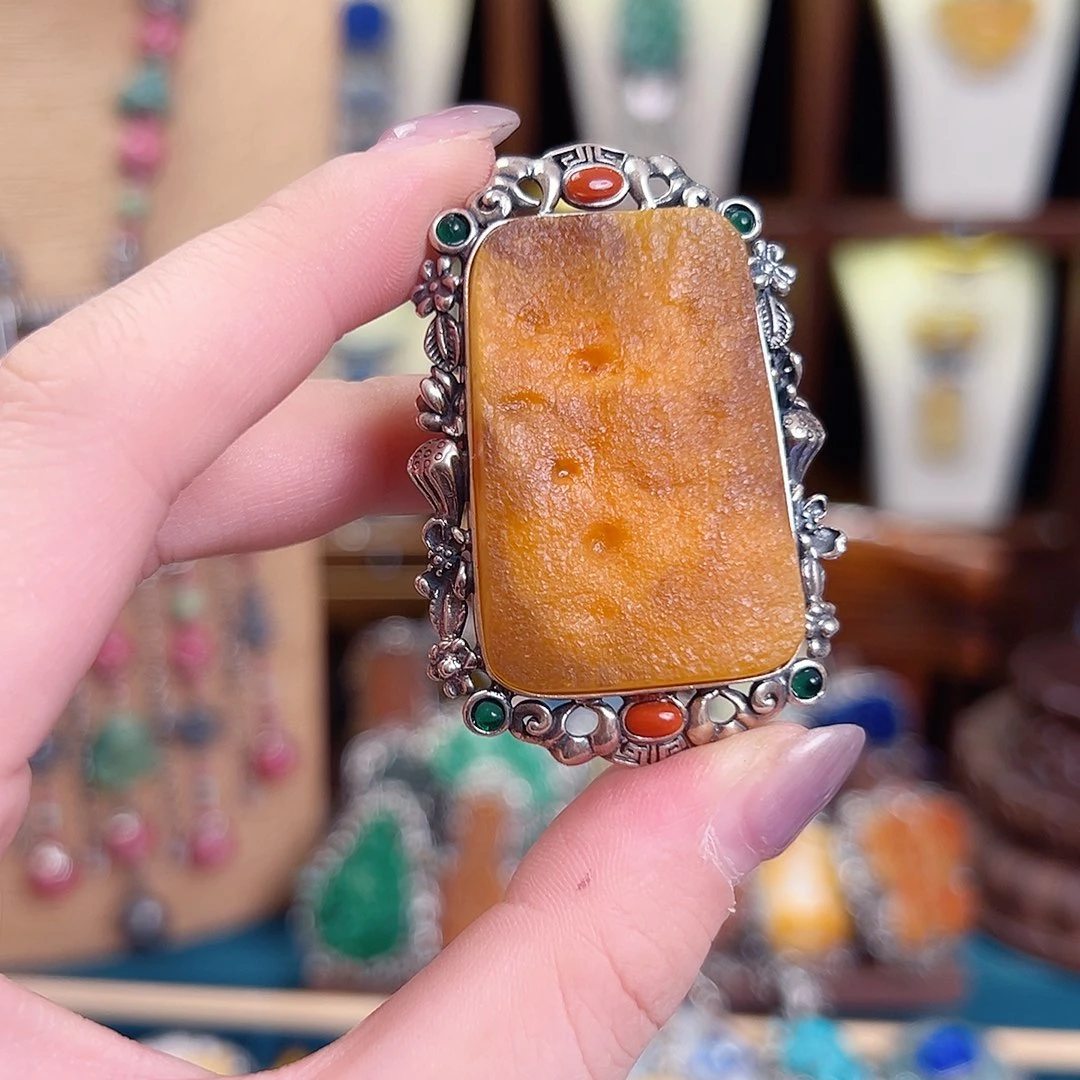 琥珀银S925镶嵌戒指/指环戒指