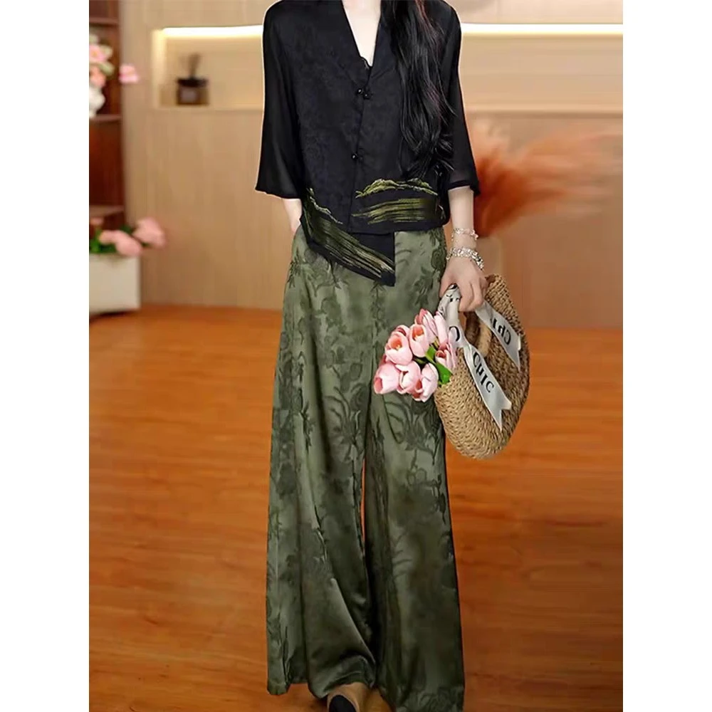 2025夏装一整套气质减龄女神范新中式国风刺绣上衣阔腿裤两件套装