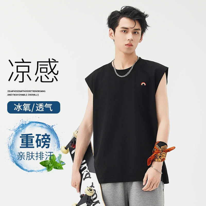 2025宽松夏季男士背心无袖黑色简约运动风格休闲T恤男装透气