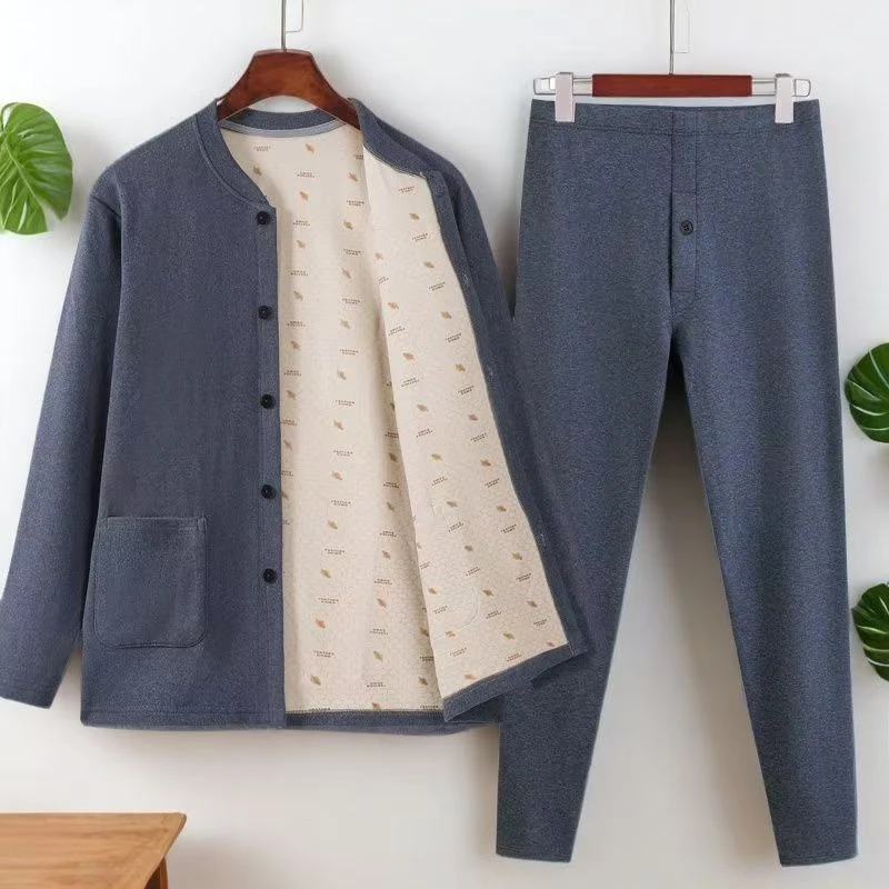 男士德绒秋衣秋裤套装宽松老年人前开扣磨绒发热保暖内衣秋冬