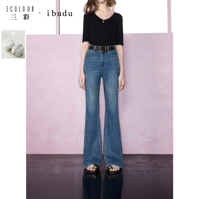 三彩ibudu2025春季微喇牛仔裤高腰修身长裤喇叭裤休闲复古女1937