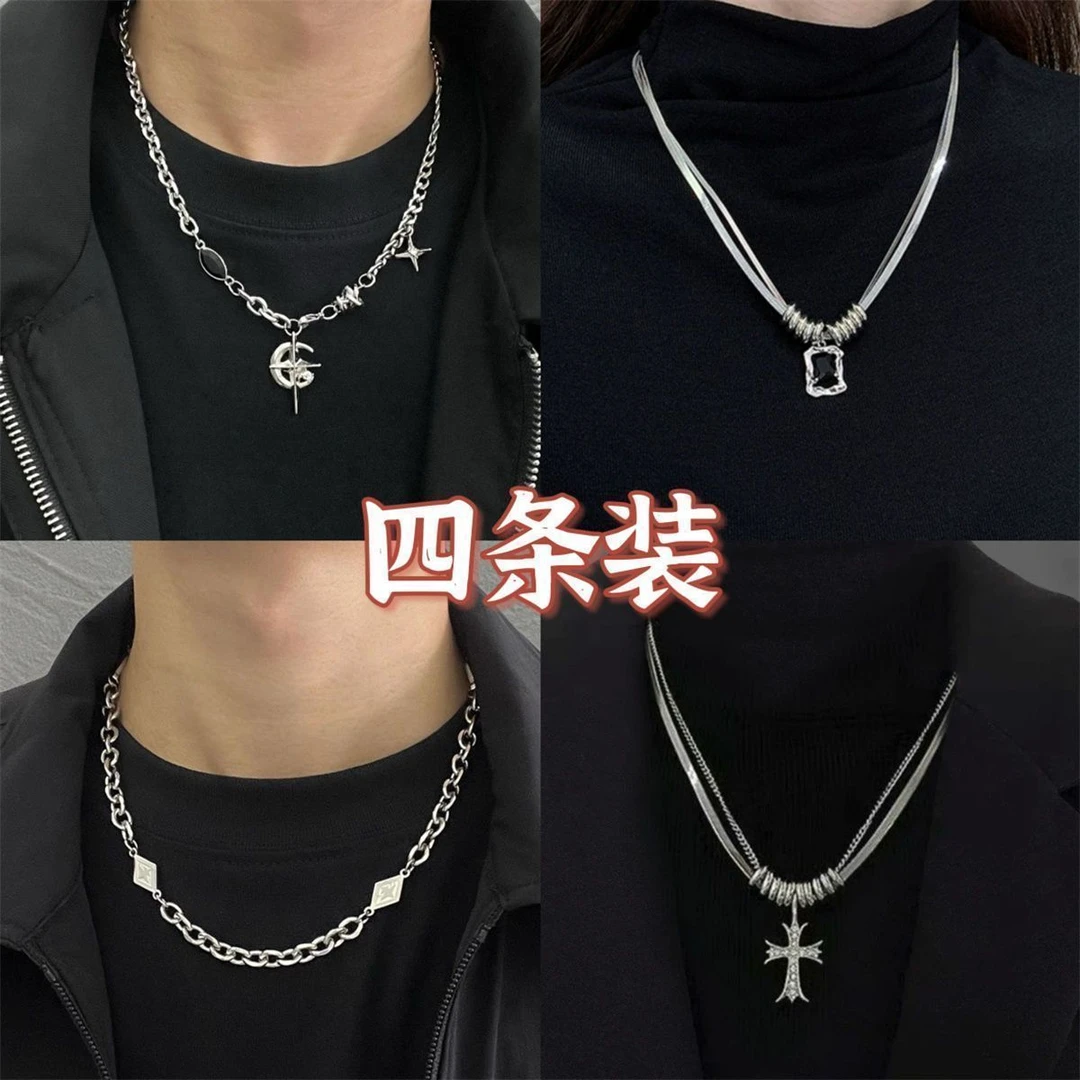 合金项链 黑锆石芒星项链男女ins小众设计高级感百搭十字架卫衣链