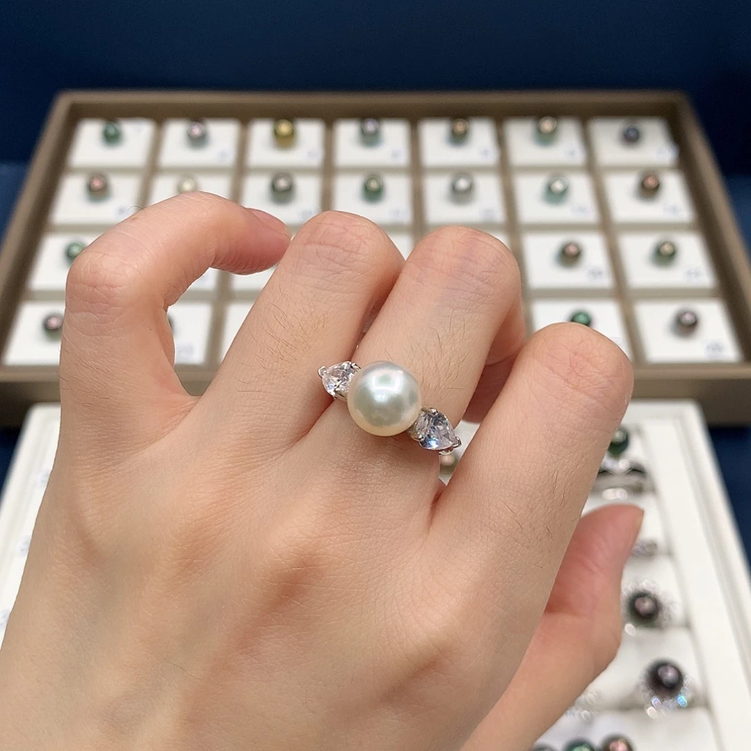 银S925镶嵌戒指海水珍珠澳白海水珍珠经典款戒指