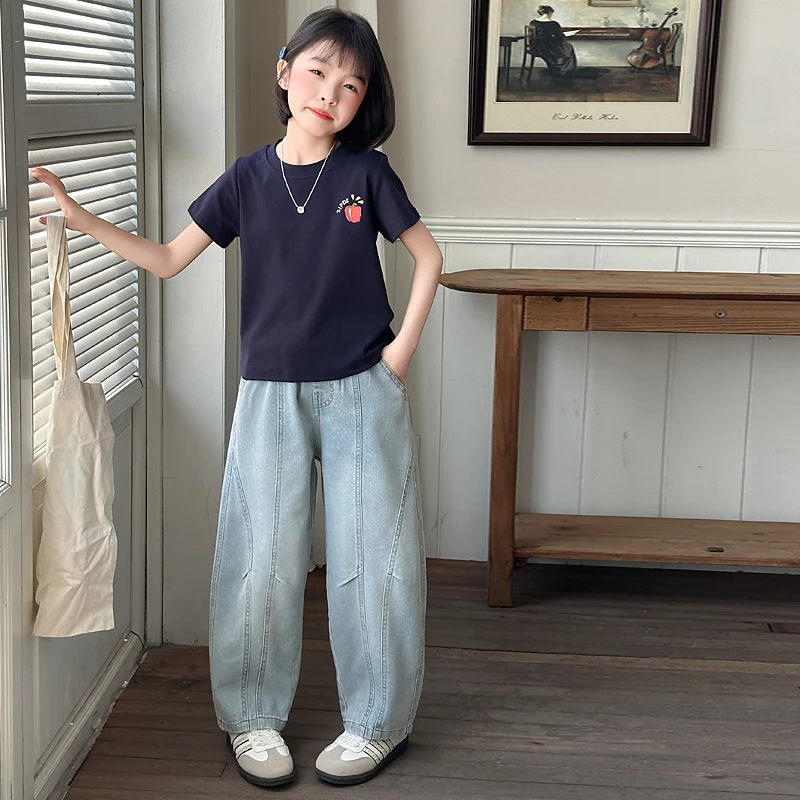 女童夏装短袖套装2025新款洋气时髦女孩休闲T恤薄牛仔裤两件套夏