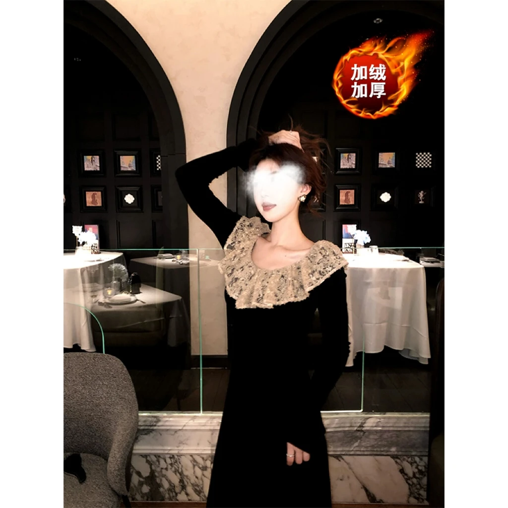 2025秋冬新款蕾丝拼接大圆领荷叶边收腰显瘦加绒长袖连衣裙女8176